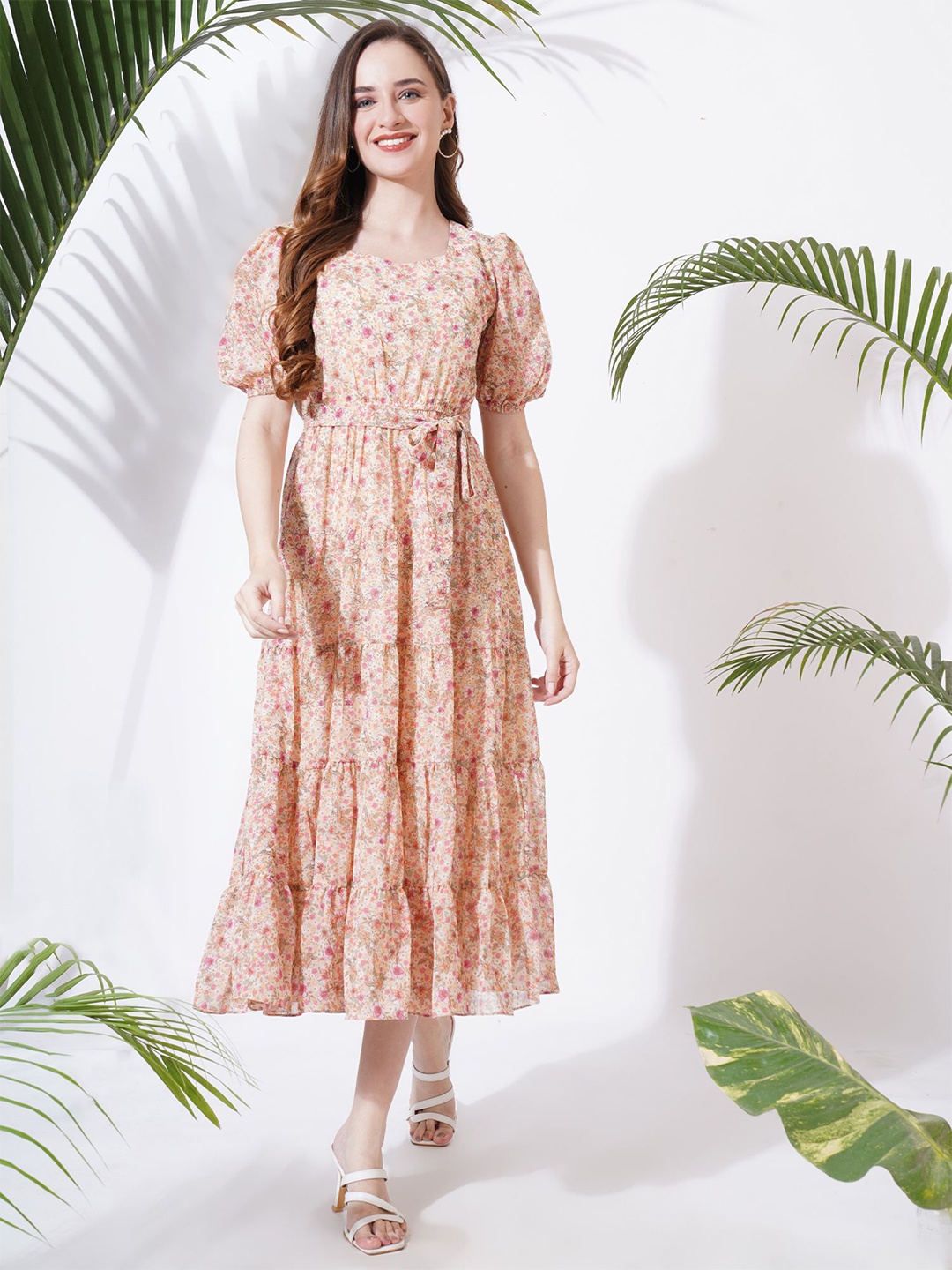 

Fbella Floral Print Puff Sleeves Georgette Fit & Flare Midi Dress, Peach