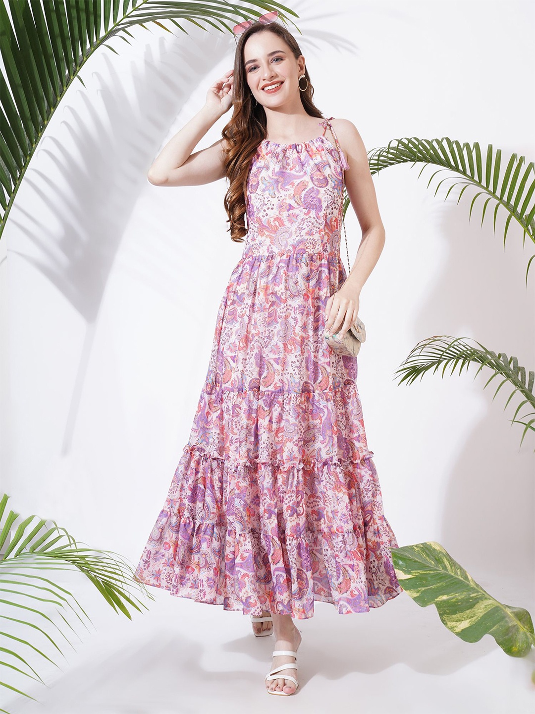 Fbella Floral Print Georgette Maxi Dress, Pink
