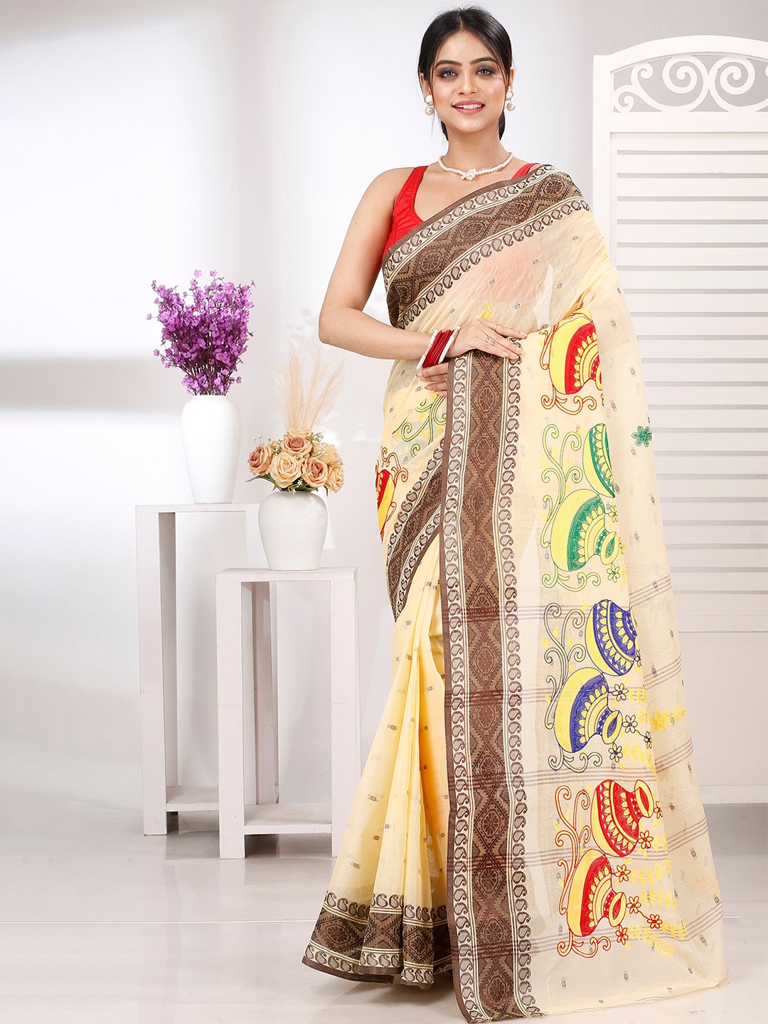 

DipDiya Ethnic Motifs Woven Embroidered Pure Cotton Taant Saree, Brown