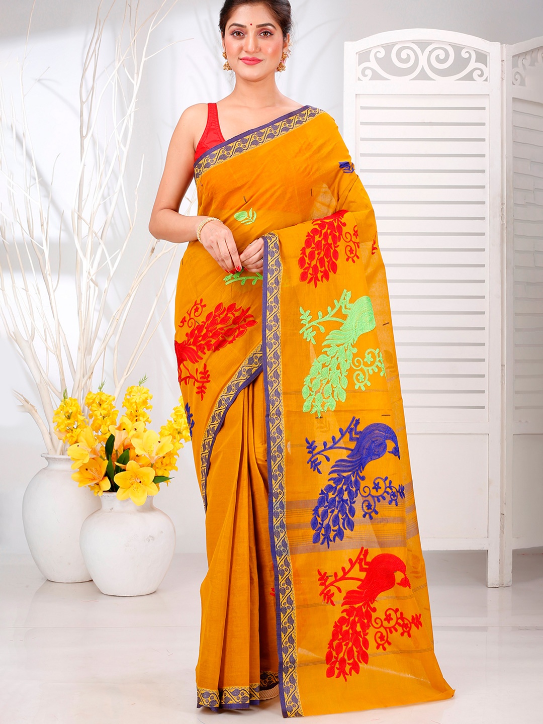 

DipDiya Ethnic Motifs Embroidered Pure Cotton Taant Saree, Mustard