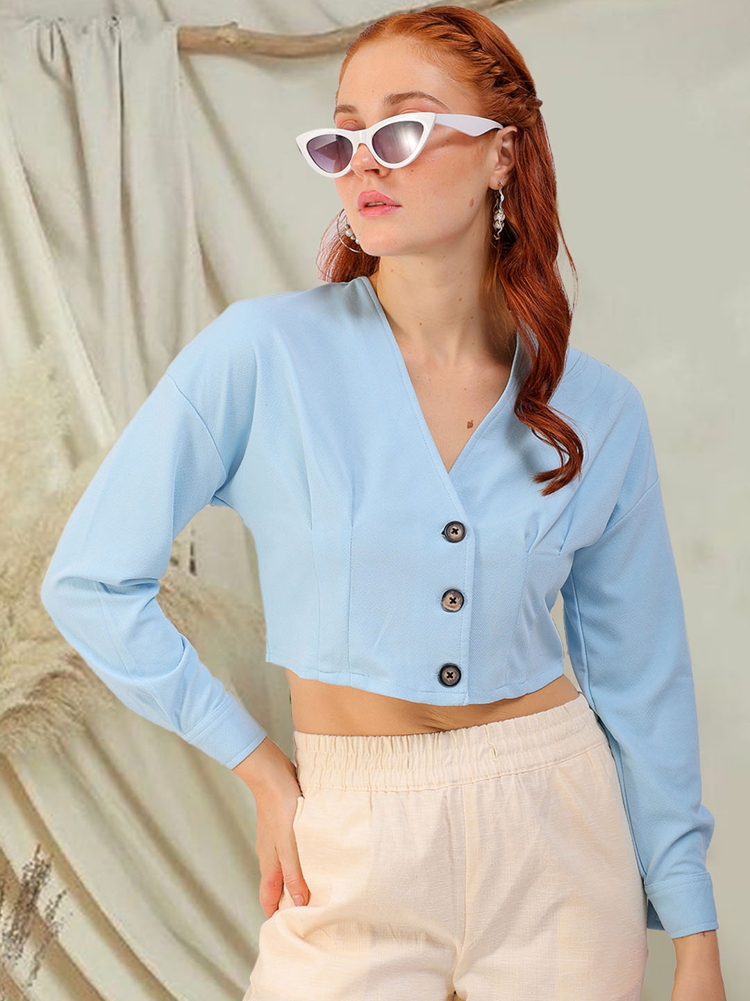 

Freehand by The Indian Garage Co Women Solid Shirt Style Crop Top, Blue