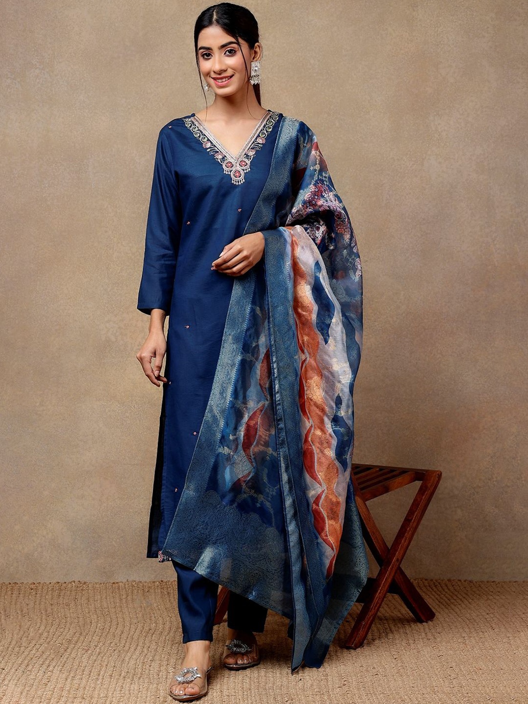 

Sangria Embroidered V-Neck Kurta With Trousers & Dupatta, Navy blue