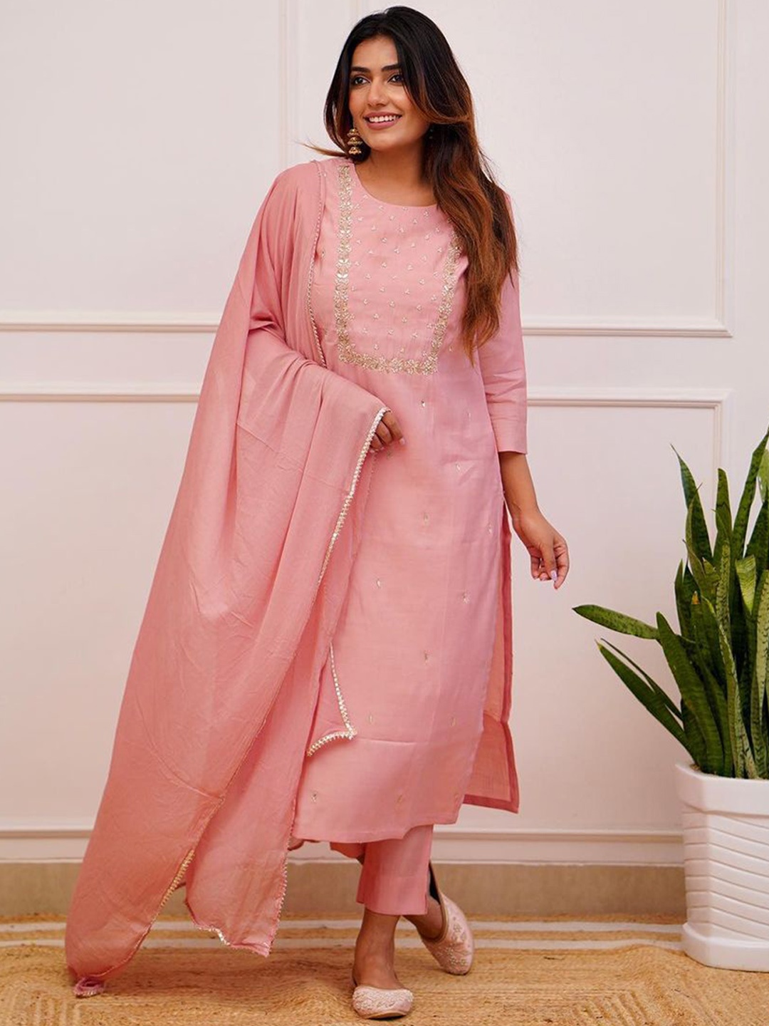 

Sangria Embroidered Round-Neck Kurta With Trousers & Dupatta, Peach