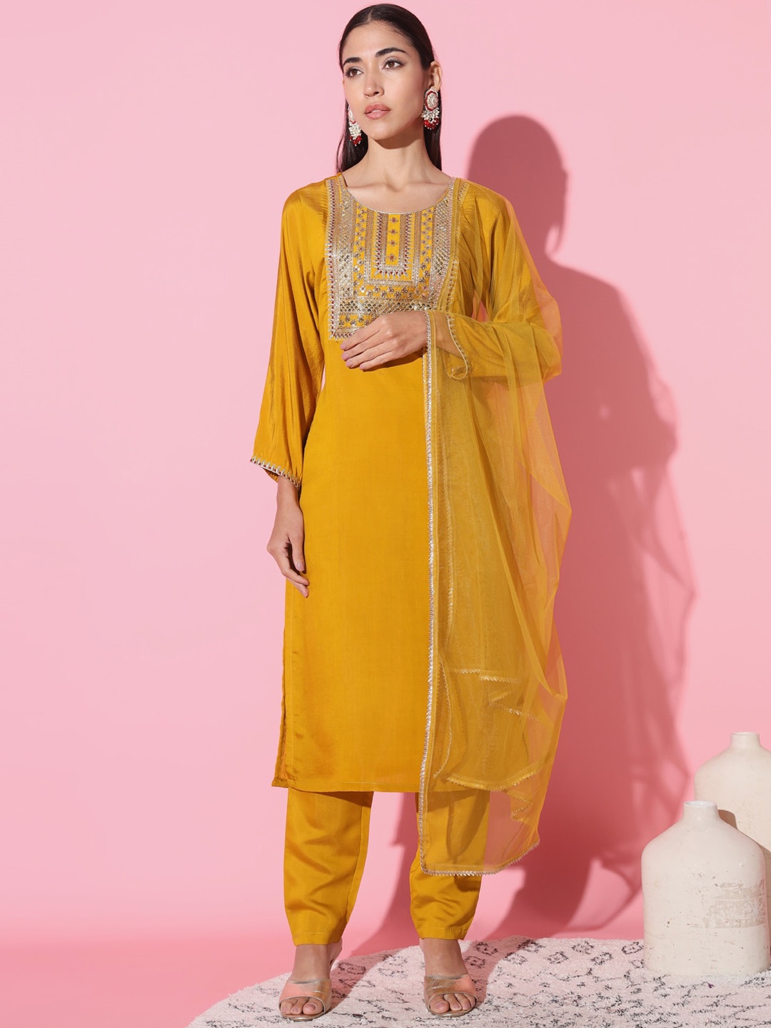 

Sangria Embroidered Round-Neck Kurta With Trousers & Dupatta, Mustard