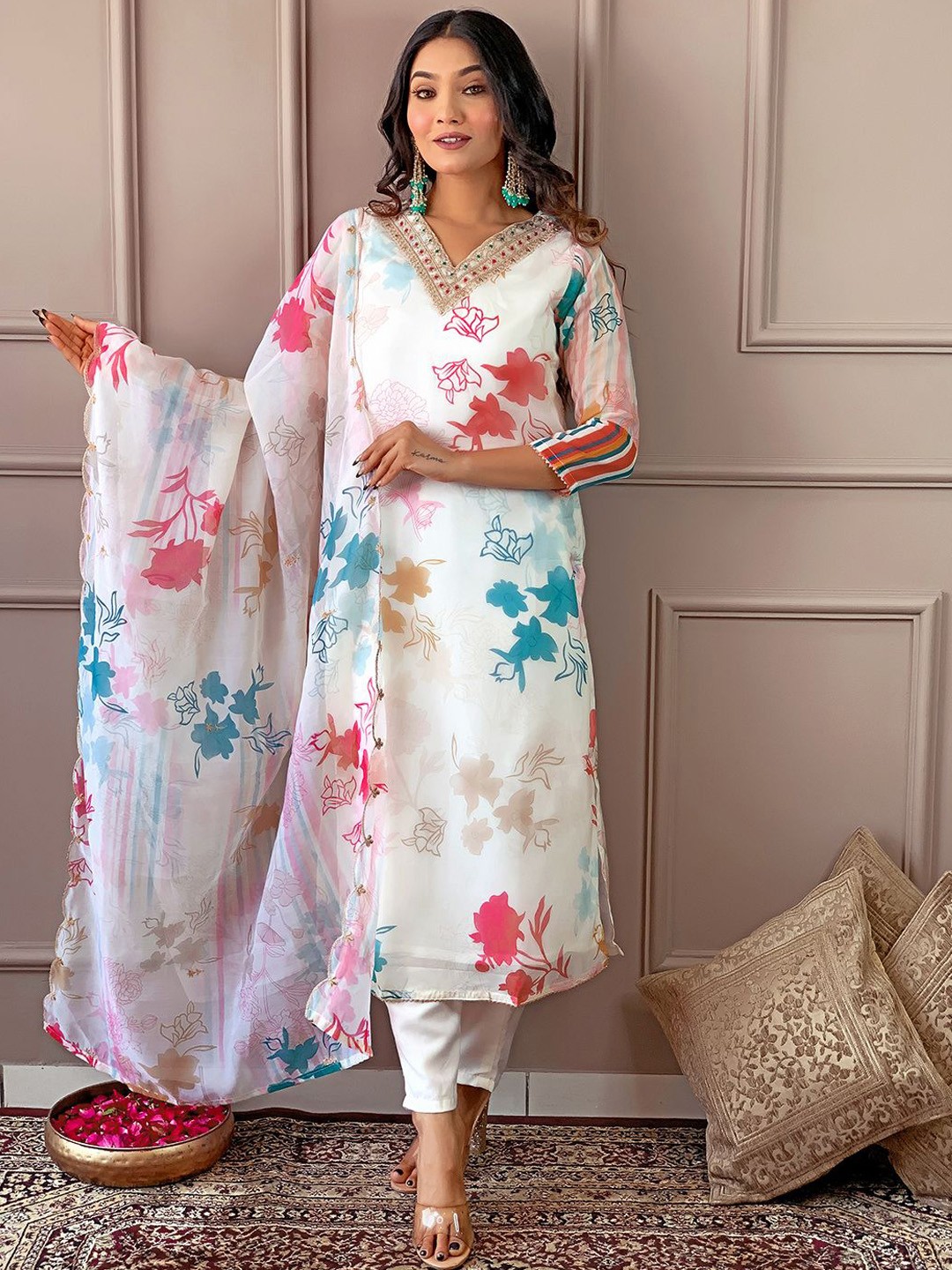 

Sangria Embroidered V-Neck Kurta With Trousers & Dupatta, Cream