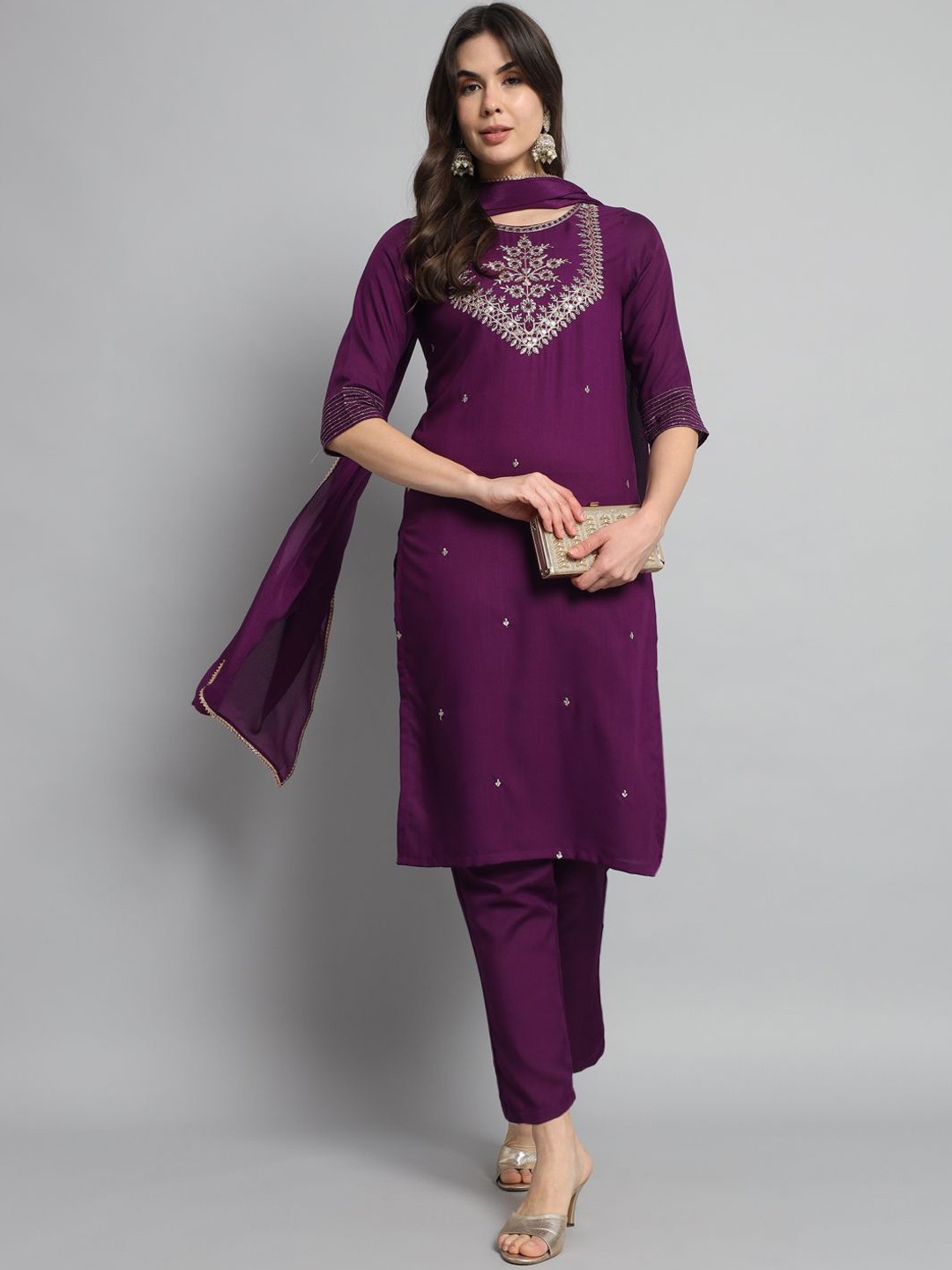 

Sangria Embroidered Round-Neck Kurta With Trousers & Dupatta, Purple