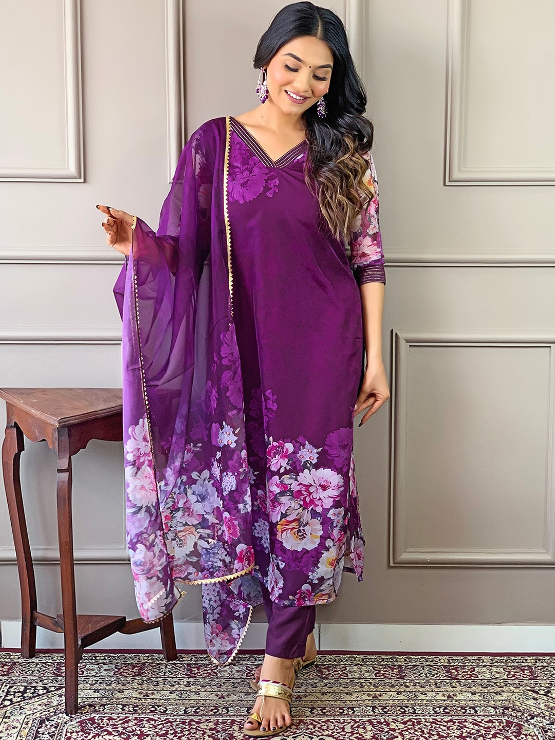 

Sangria Floral Printed V-Neck Kurta With Trousers & Dupatta, Purple
