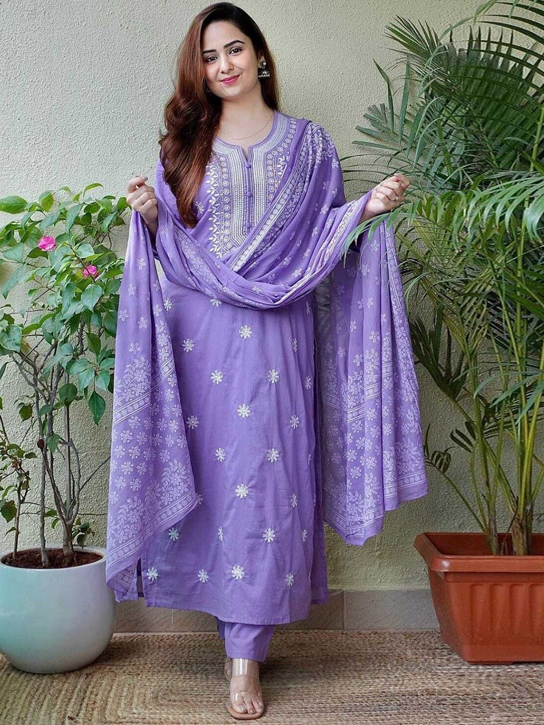 

Sangria Lavender Floral Embroidered Cotton Chikankari Kurta With Trousers & Dupatta