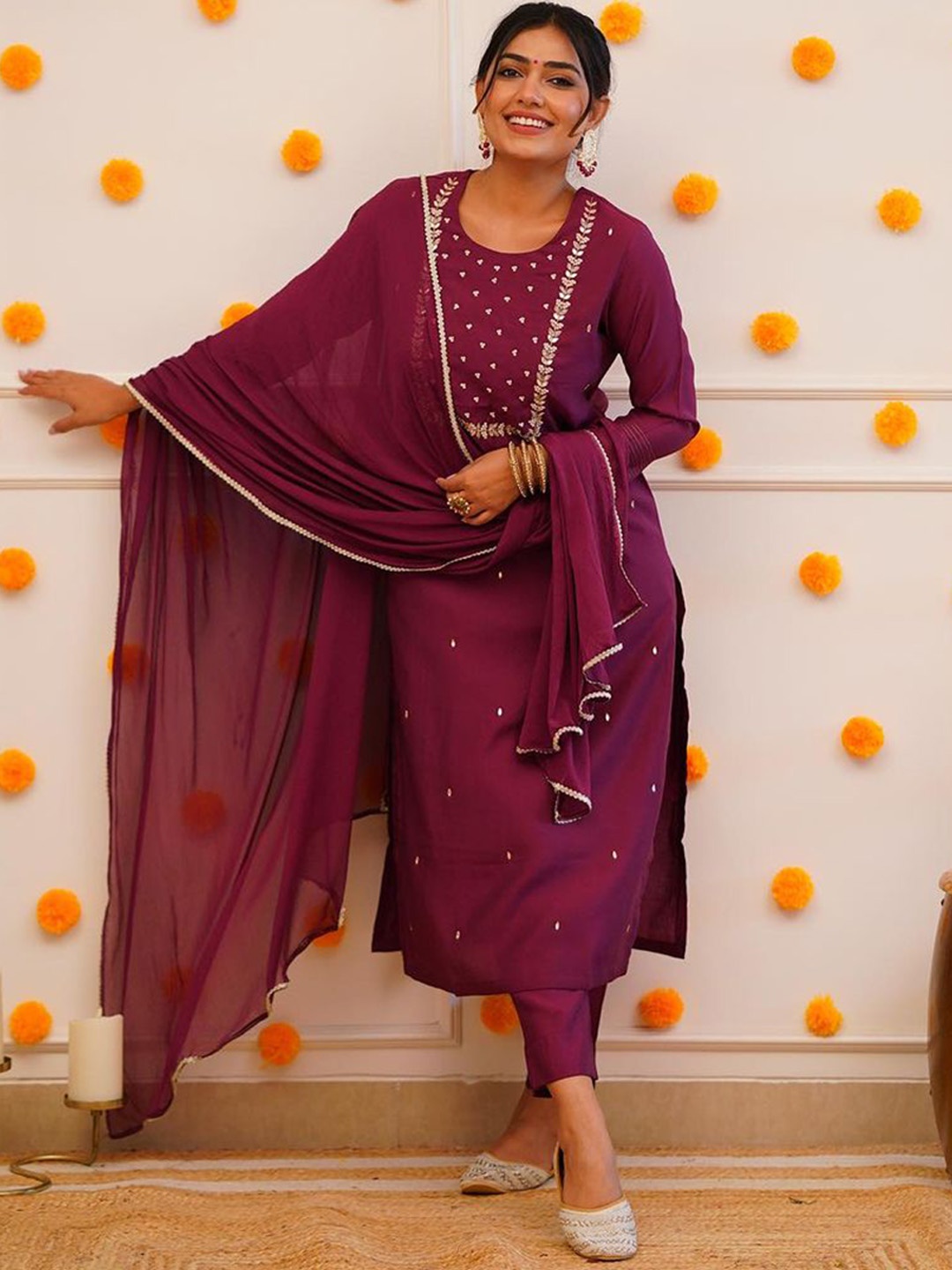 

Sangria Embroidered Round-Neck Kurta With Trousers & Dupatta, Purple