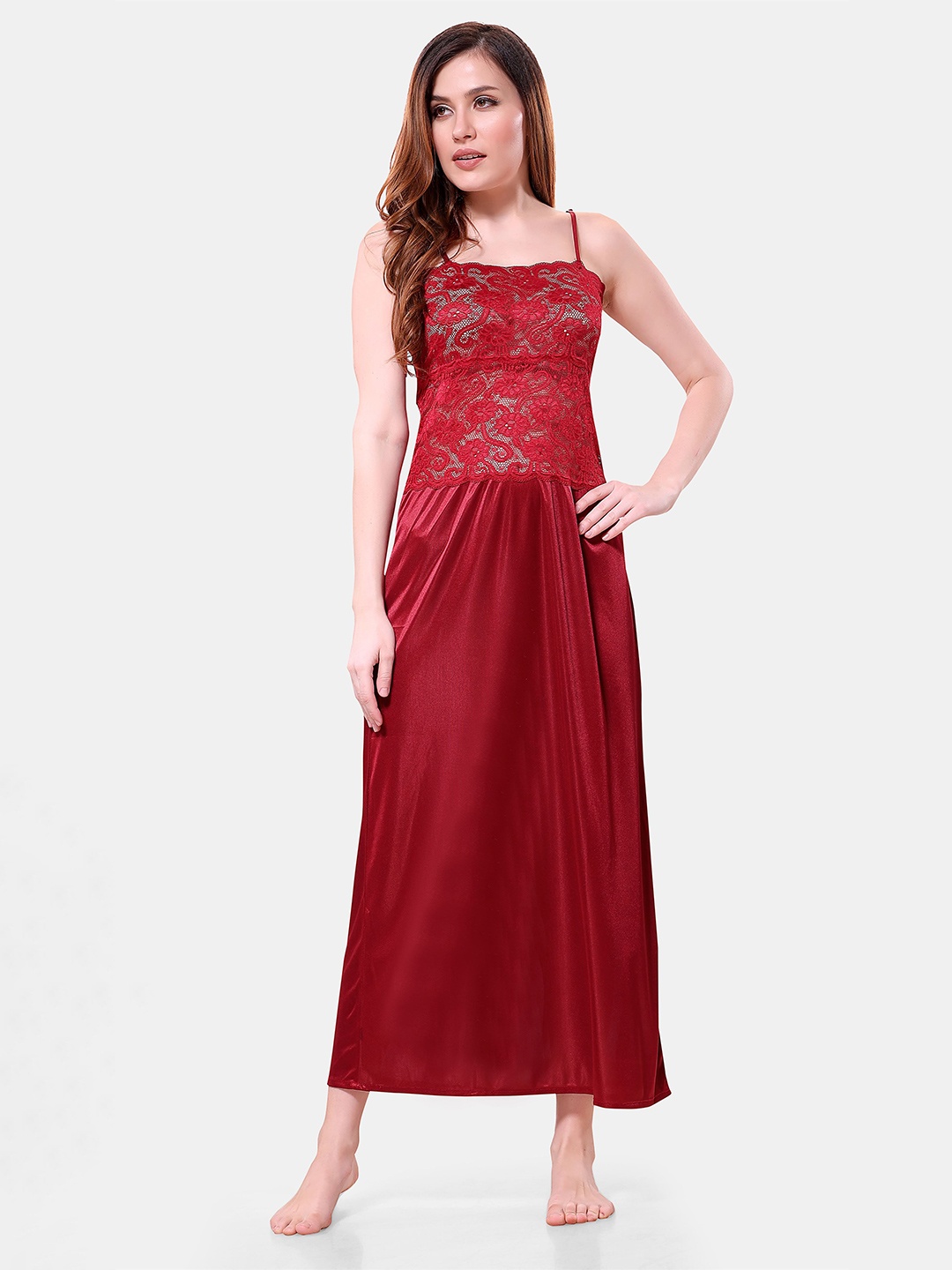 

Romaisa Lace Detailed Satin Solid Nightdress, Maroon