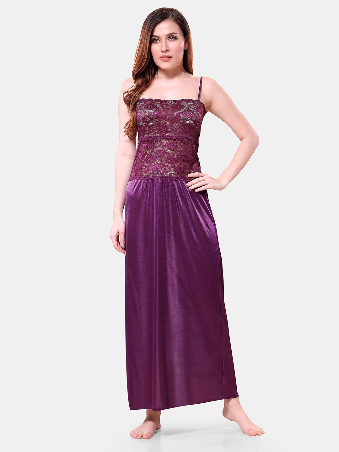 

Romaisa Lace Detailed Satin Solid Nightdress, Purple