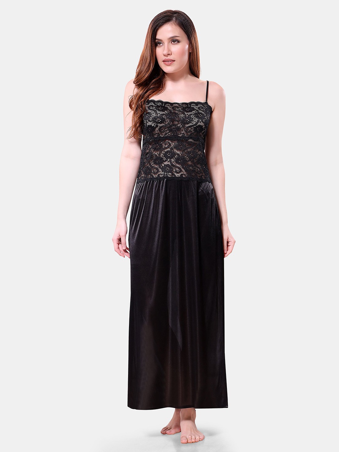 

Romaisa Lace Detailed Satin Solid Nightdress, Black