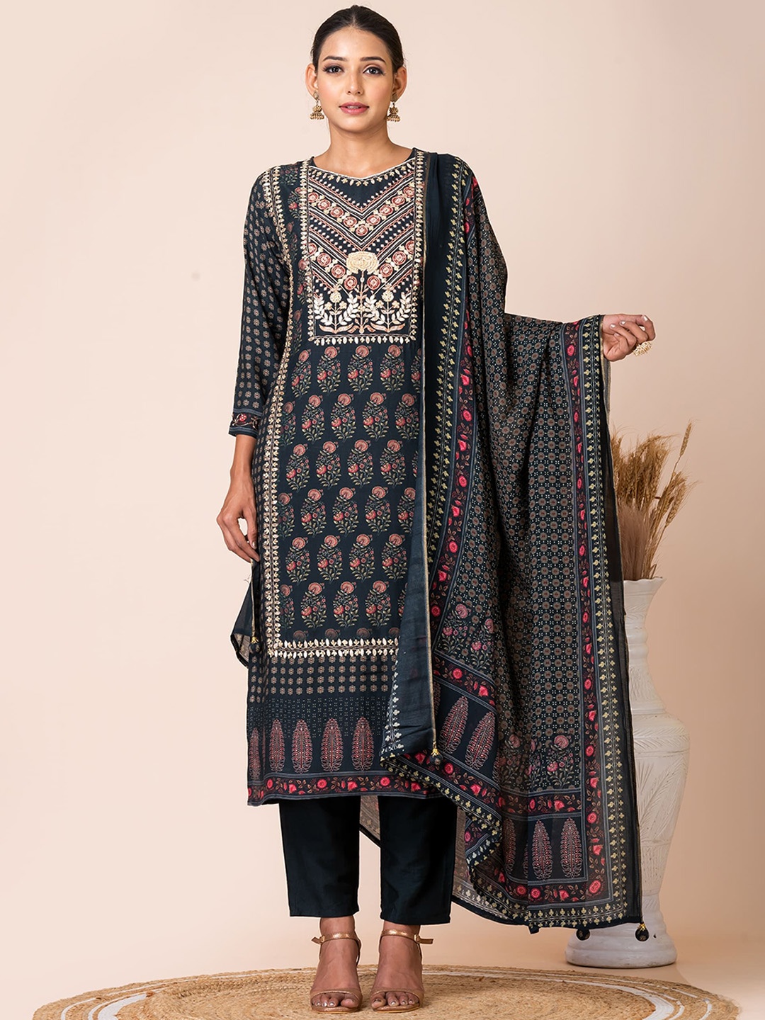 

SARSO Women Ethnic Motifs Printed Regular Kurta with Trousers & With Dupatta, Navy blue