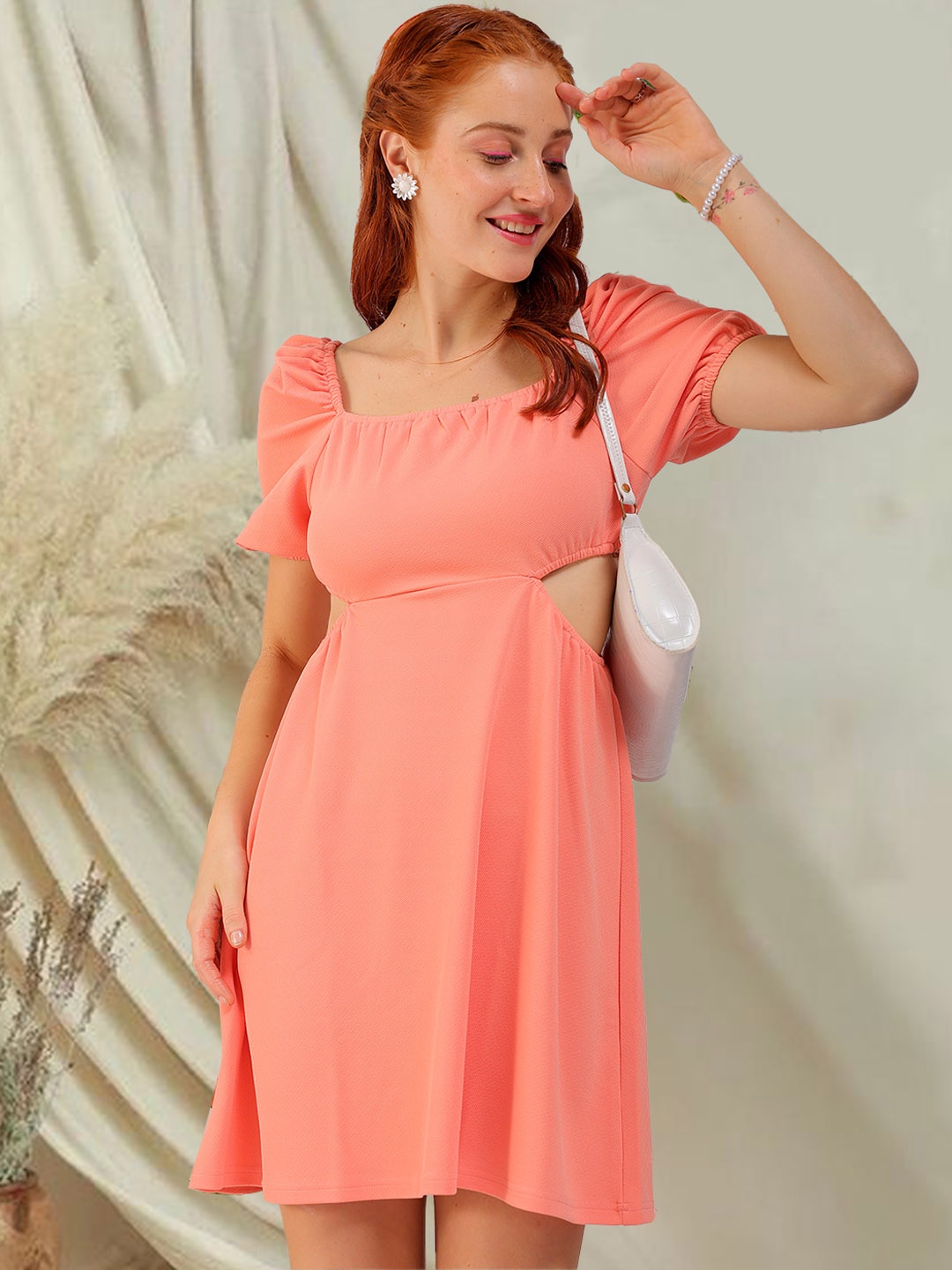 

Freehand by The Indian Garage Co Square Neck Cut-Outs Empire Dress, Peach