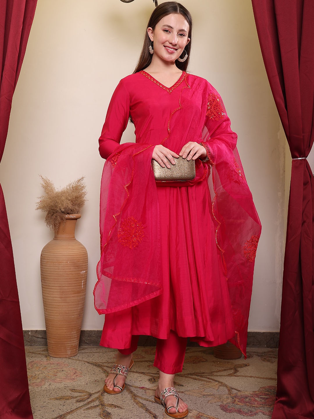 

House of Pataudi Yoke Designed Anarkali Kurta With Trouser & Dupatta Set, Magenta