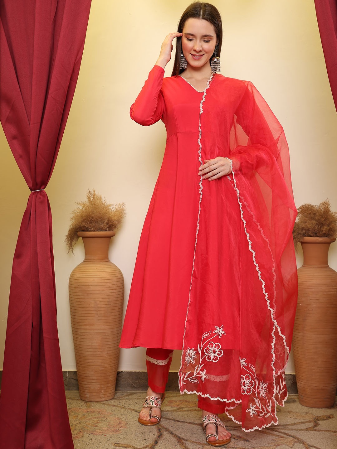 

House of Pataudi Anarkali Kurta With Trouser & Dupatta Set, Pink