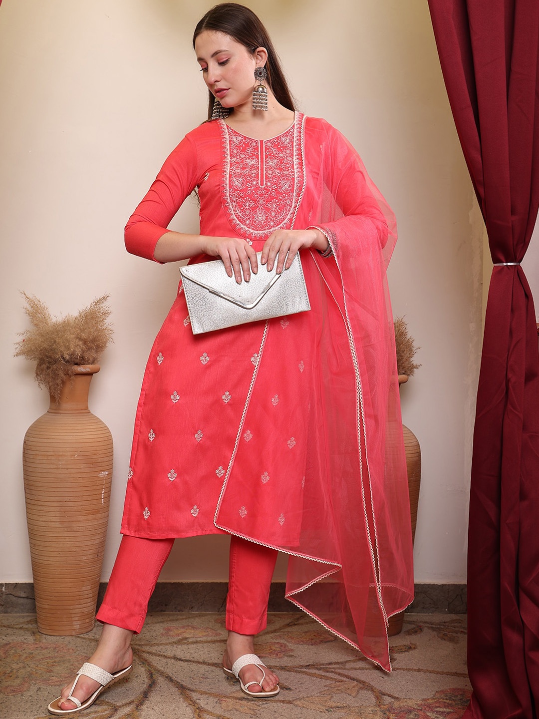 

House of Pataudi Thread Embroidered Round Neck Kurta With Trousers & Dupatta, Pink
