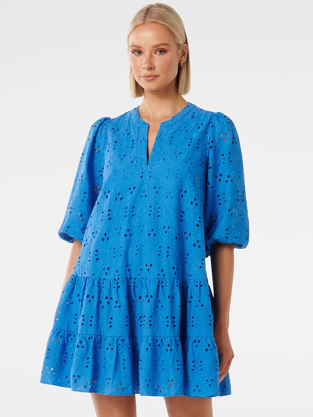 

Forever New Print Puff Sleeve A-Line Dress, Blue