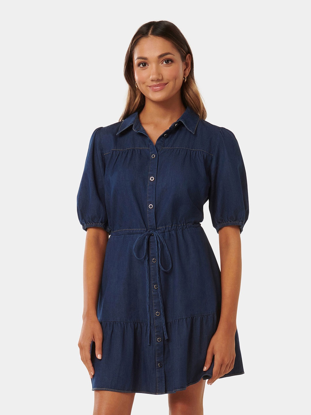 

Forever New Cotton Puff Sleeve Shirt Dress, Navy blue