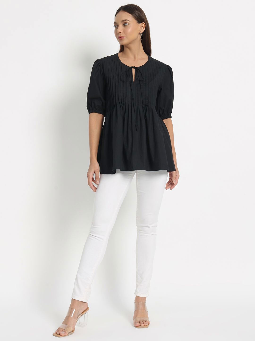 

DEPANO Women Solid Keyhole Neck Cotton Longline Top, Black
