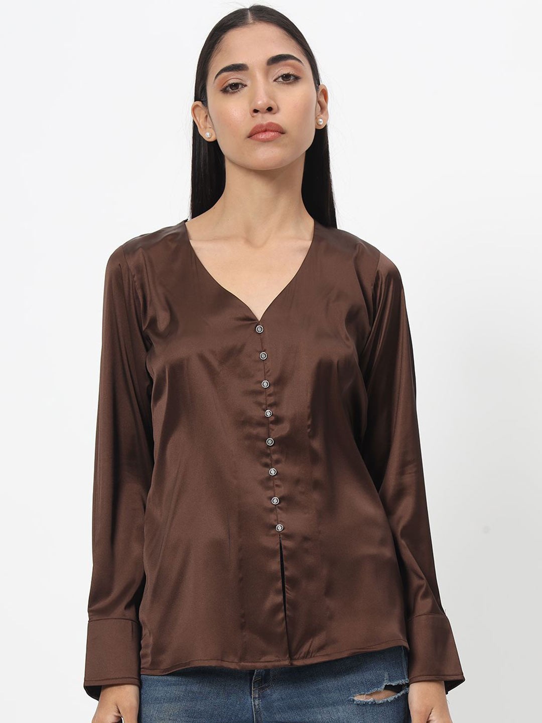 

DEPANO Women Solid Casual Satin Top, Brown