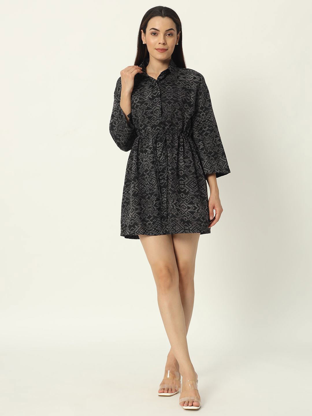 

DEPANO Printed Chiffon Shirt Mini Dress, Black