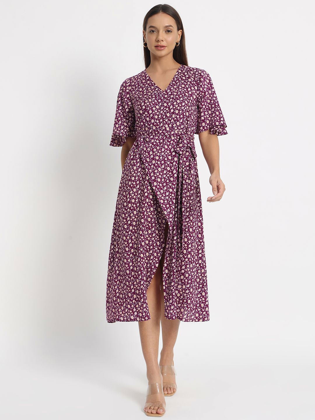 

DEPANO Floral Print Midi Wrap Dress, Purple