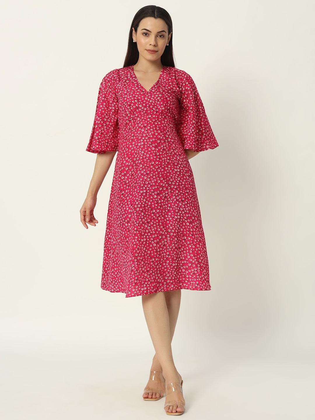 

DEPANO Floral Print Flared Sleeve Fit & Flare Dress, Pink