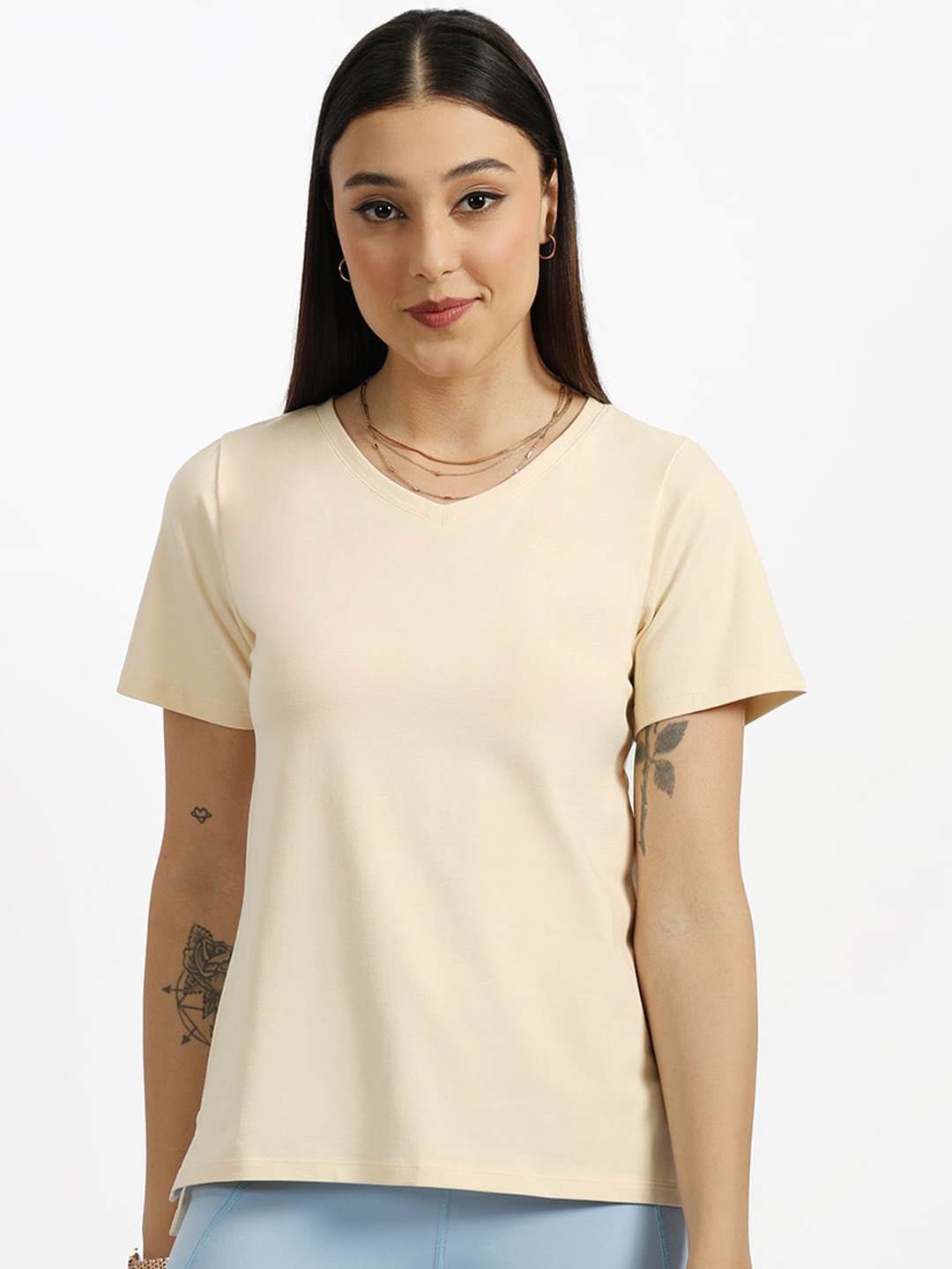 

Blissclub Women V-Neck Moisture Wicking Applique T-shirt, Beige