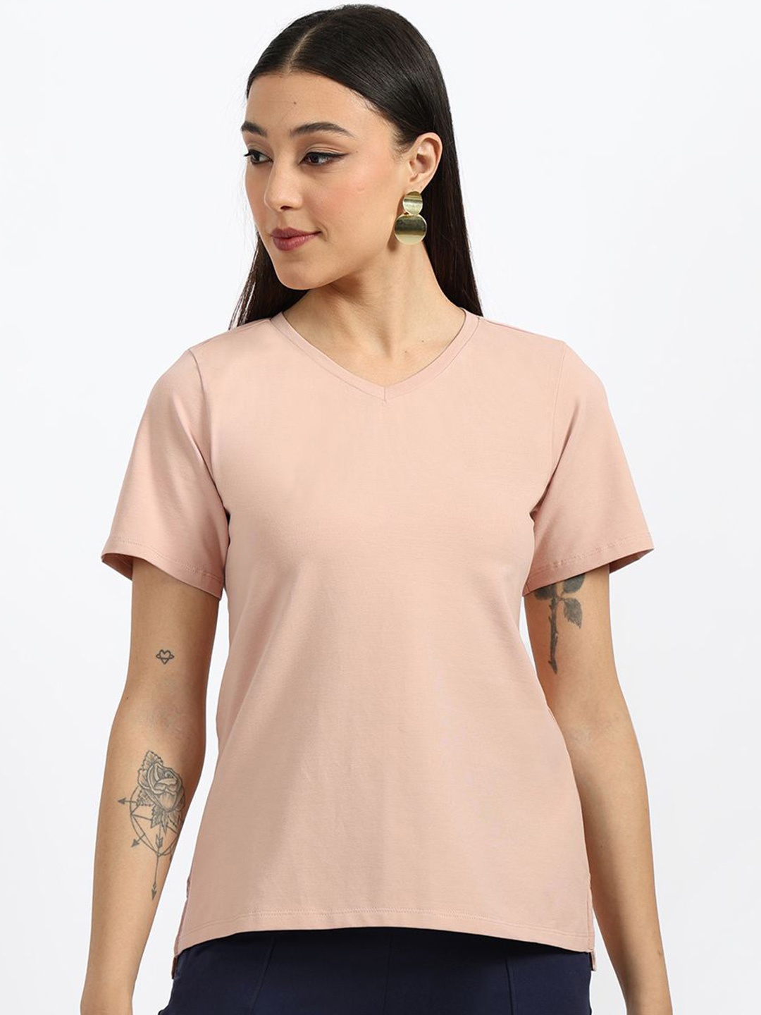 Blissclub Women Typography V-Neck Moisture Wicking T-shirt, Pink