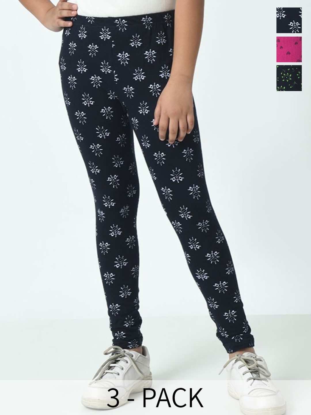 

BAESD Girls Pack Of 3 Printed Pure Cotton Ankle Length Leggings, Black