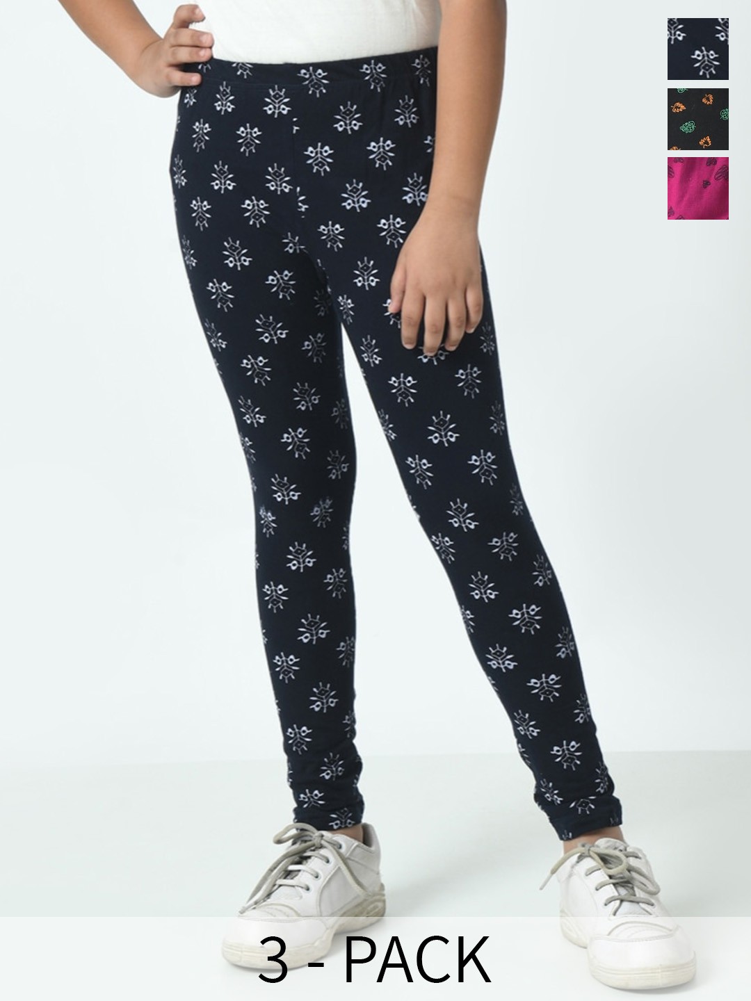 

BAESD Girls Pack Of 3 Printed Pure Cotton Ankle Length Leggings, Black