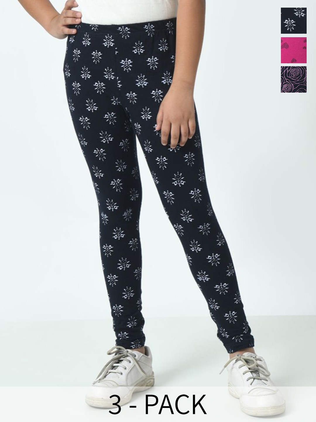 

BAESD Girls Pack Of 3 Printed Pure Cotton Ankle Length Leggings, Black