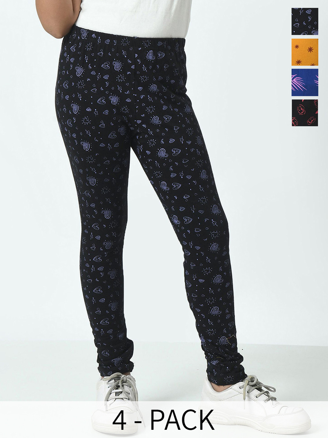 

BAESD Girls Pack Of 4 Printed Pure Cotton Ankle Length Leggings, Yellow