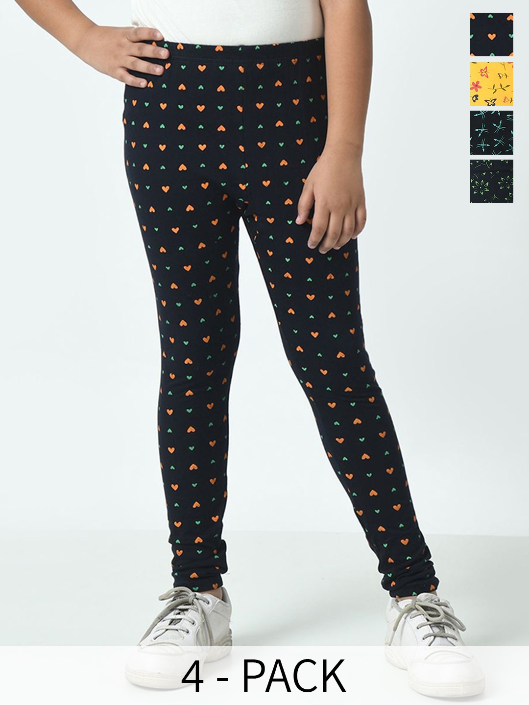 

BAESD Girls Pack Of 4 Printed Pure Cotton Ankle Length Leggings, Black