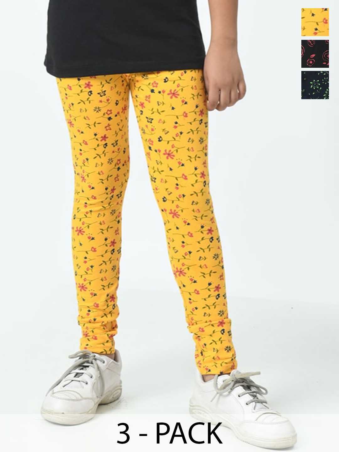 

BAESD Girls Pack Of 3 Printed Pure Cotton Ankle Length Leggings, Yellow