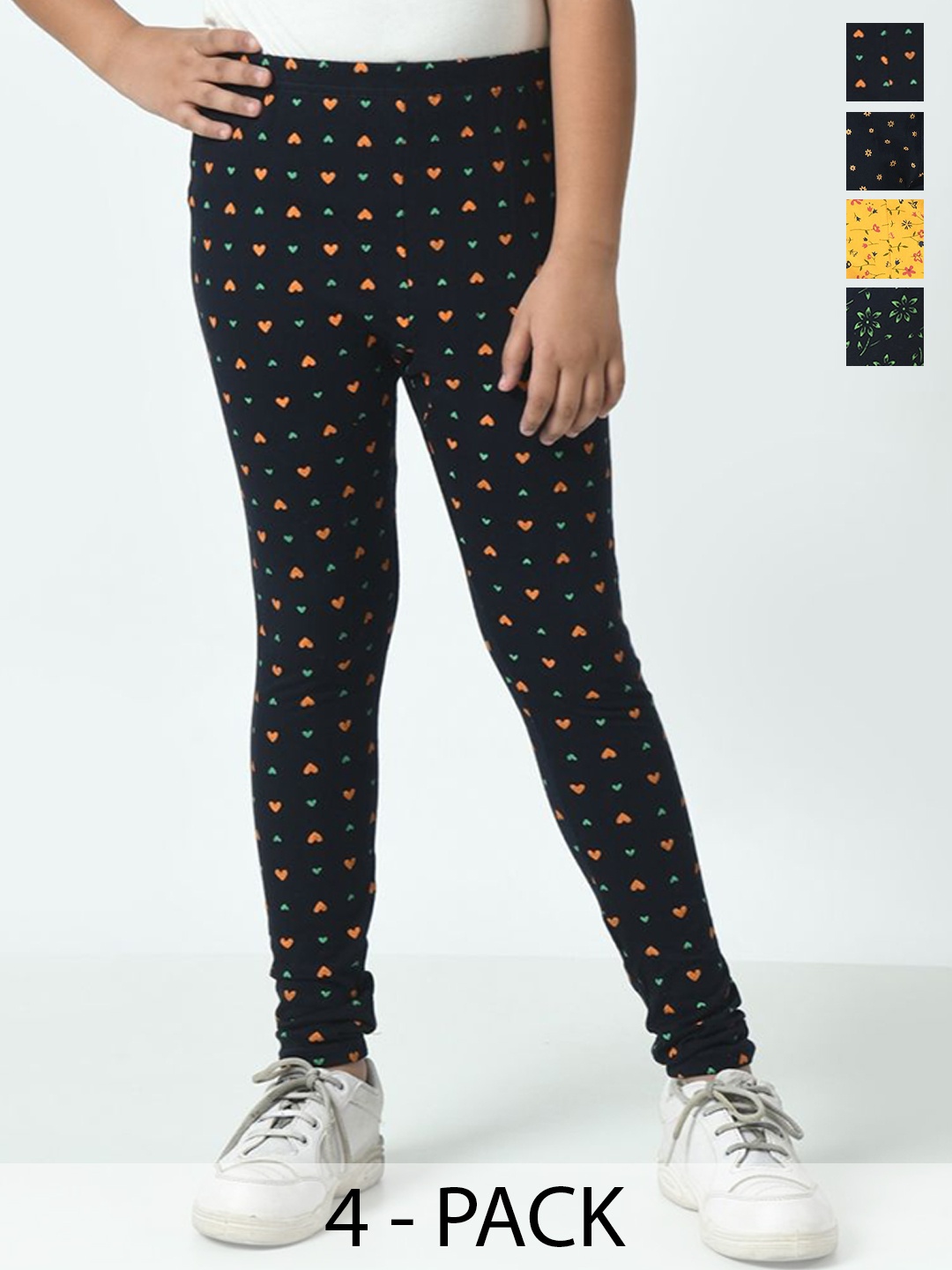

BAESD Girls Pack Of 4 Printed Pure Cotton Ankle Length Leggings, Yellow