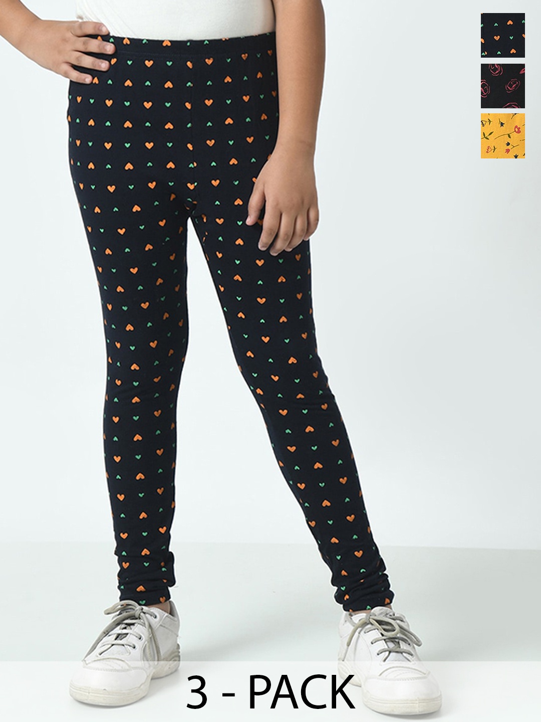 

BAESD Girls Pack Of 3 Printed Pure Cotton Ankle Length Leggings, Yellow