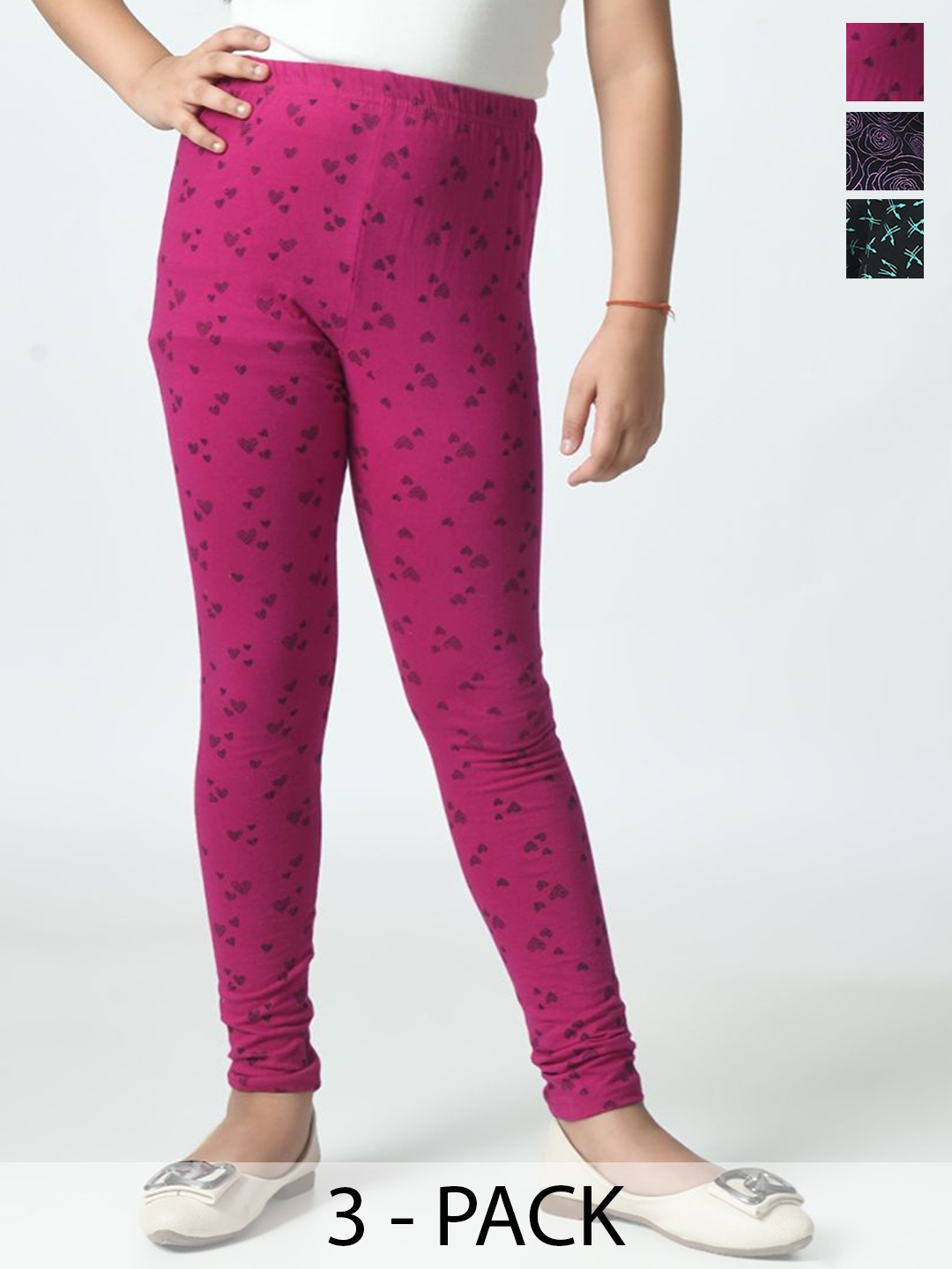 

BAESD Girls Pack Of 3 Printed Pure Cotton Ankle Length Leggings, Pink