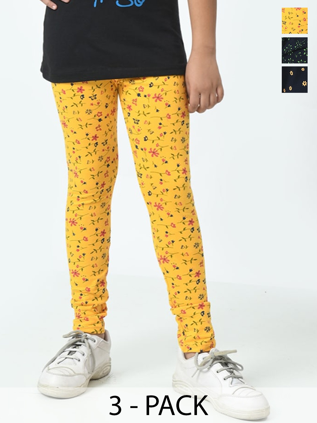 

BAESD Girls Pack Of 3 Printed Pure Cotton Ankle Length Leggings, Yellow