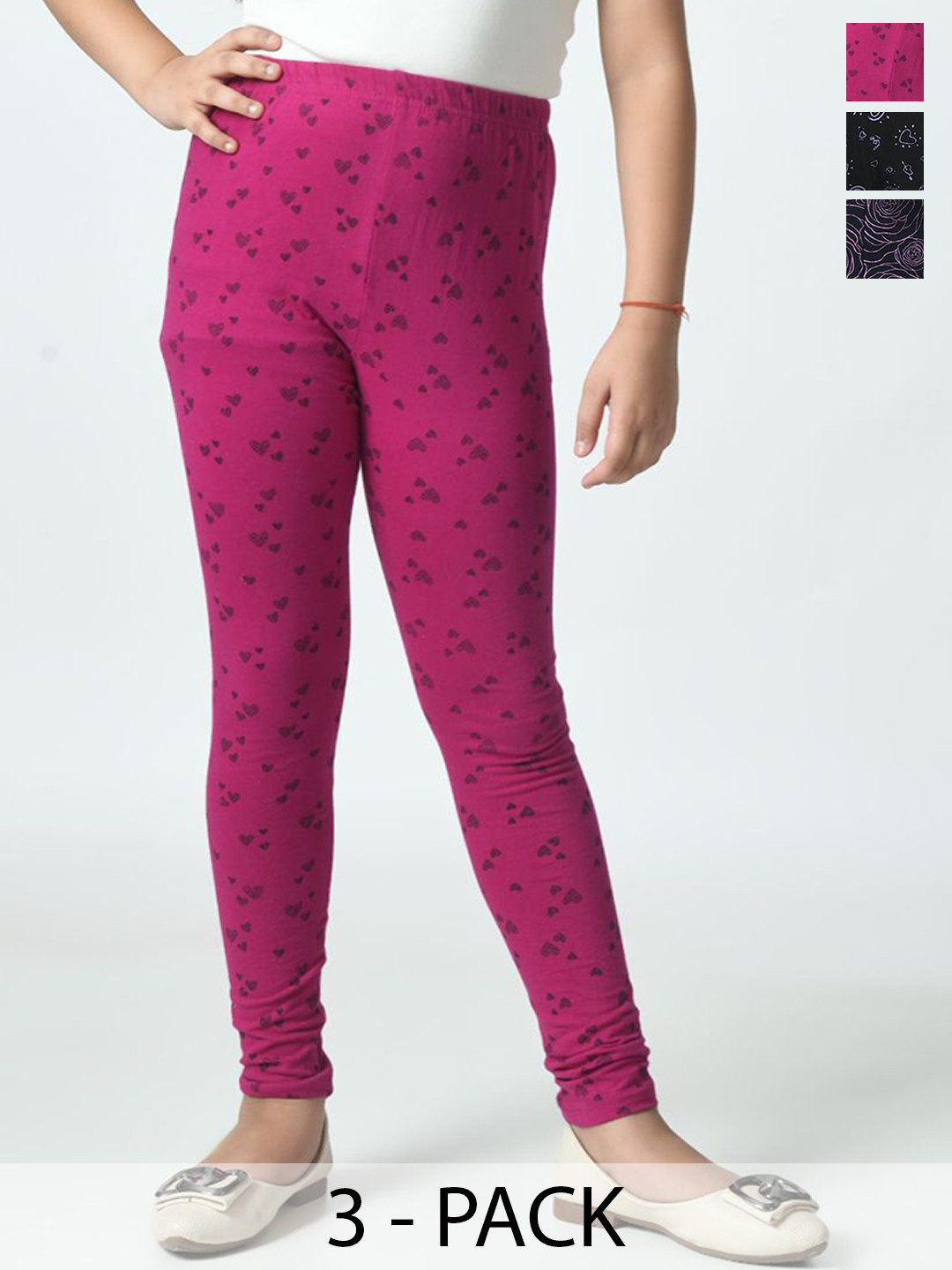 

BAESD Girls Pack Of 3 Printed Pure Cotton Ankle Length Leggings, Black