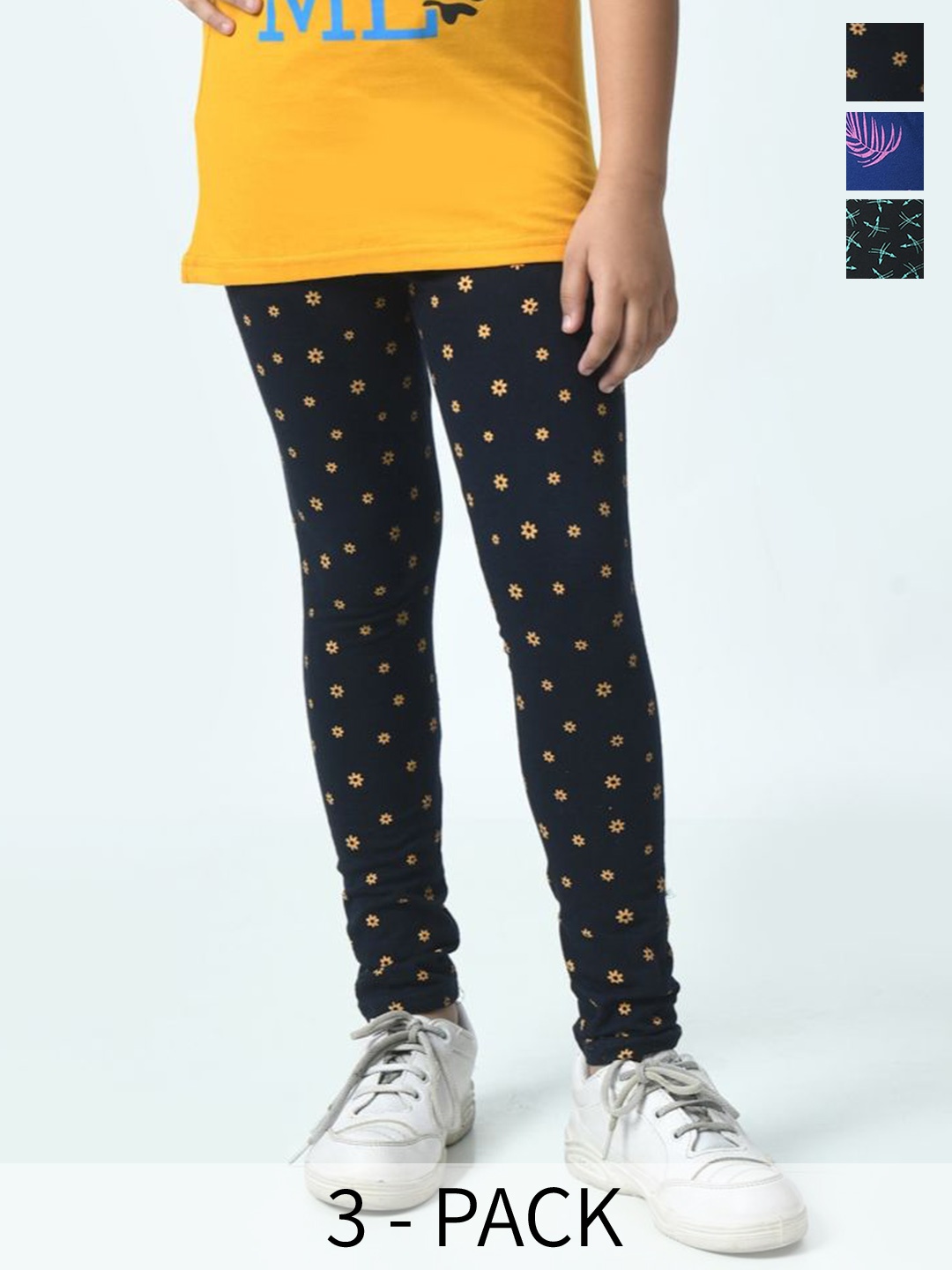 

BAESD Girls Pack Of 3 Printed Pure Cotton Ankle Length Leggings, Blue