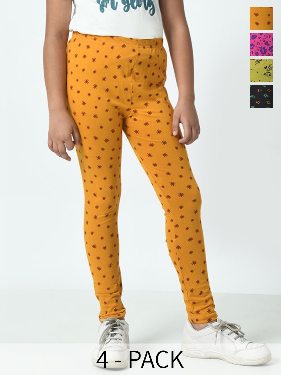 

BAESD Girls Pack Of 4 Printed Pure Cotton Ankle Length Leggings, Yellow