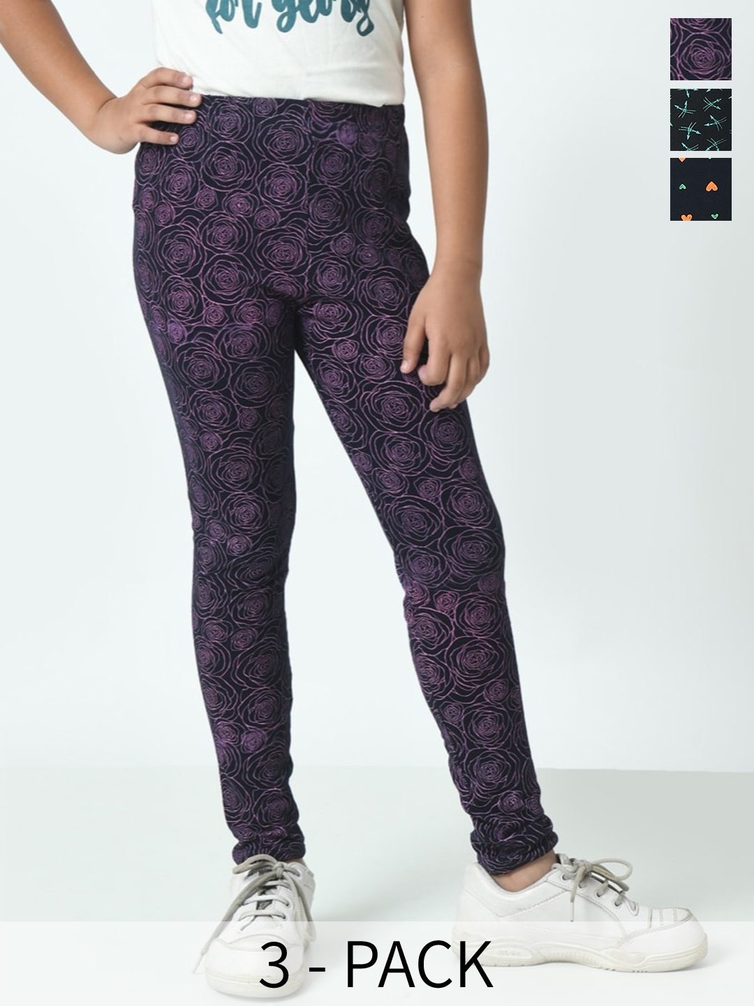 

BAESD Girls Pack of 3 Pure Cotton Printed Ankle-Length Leggings, Purple