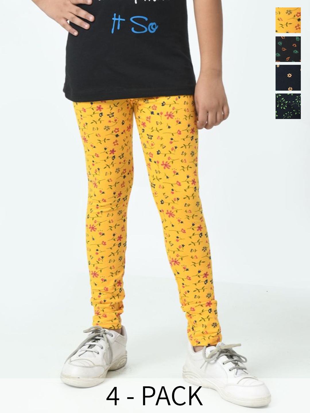 

BAESD Girls Pack Of 4 Printed Pure Cotton Ankle Length Leggings, Yellow