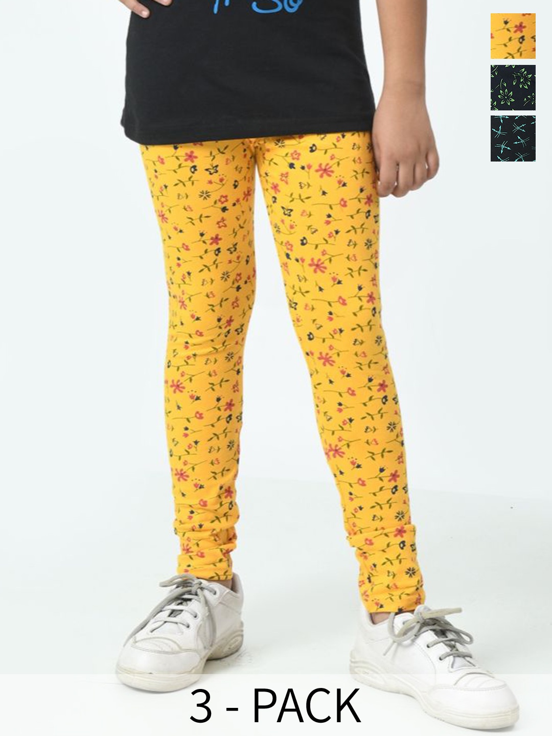

BAESD Girls Pack Of 3 Printed Pure Cotton Ankle-Length Leggings, Yellow