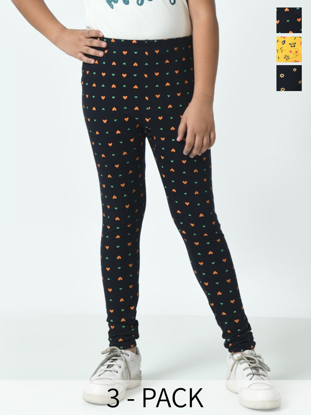 

BAESD Girls Pack Of 3 Printed Pure Cotton Ankle-Length Leggings, Navy blue