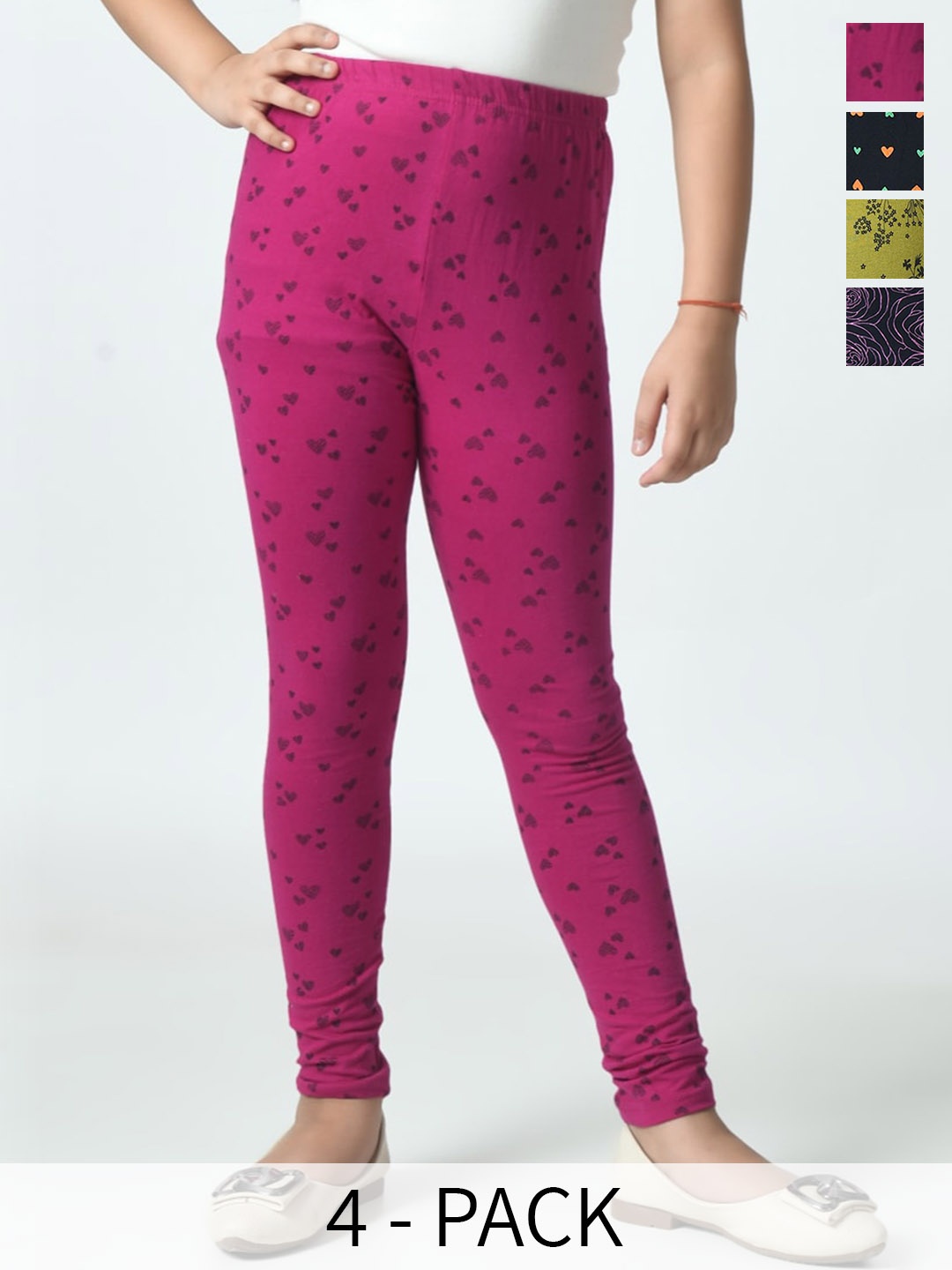 

BAESD Girls Pack Of 4 Printed Pure Cotton Ankle Length Leggings, Pink