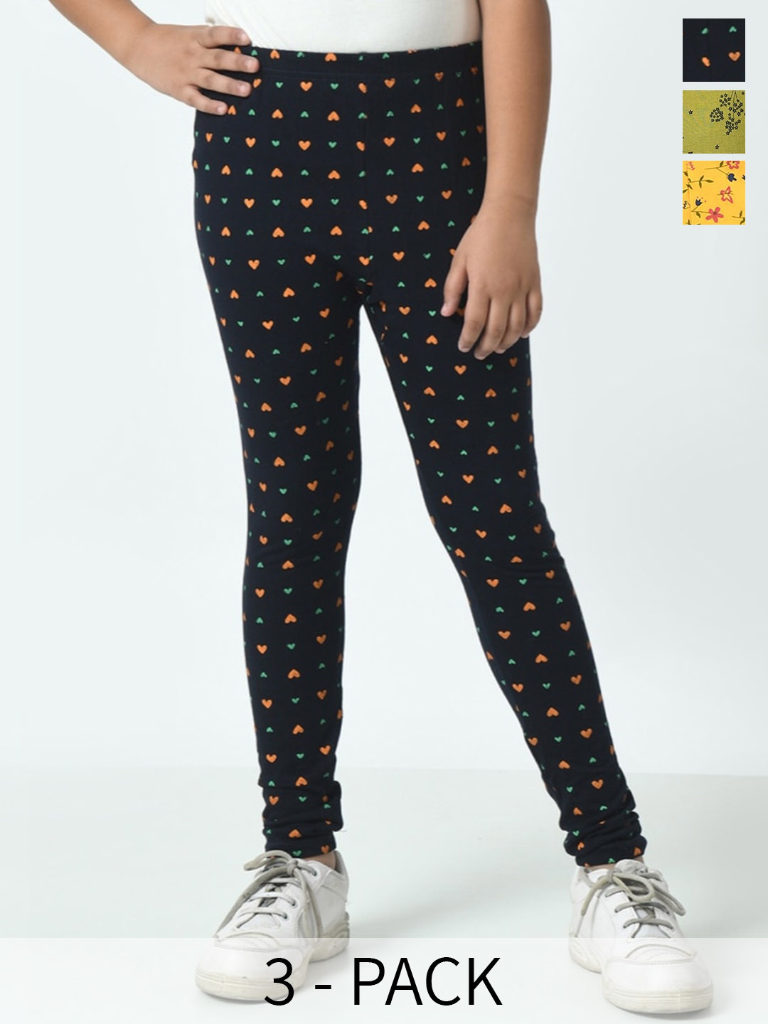 

BAESD Girls Pack Of 3 Printed Pure Cotton Ankle Length Leggings, Yellow