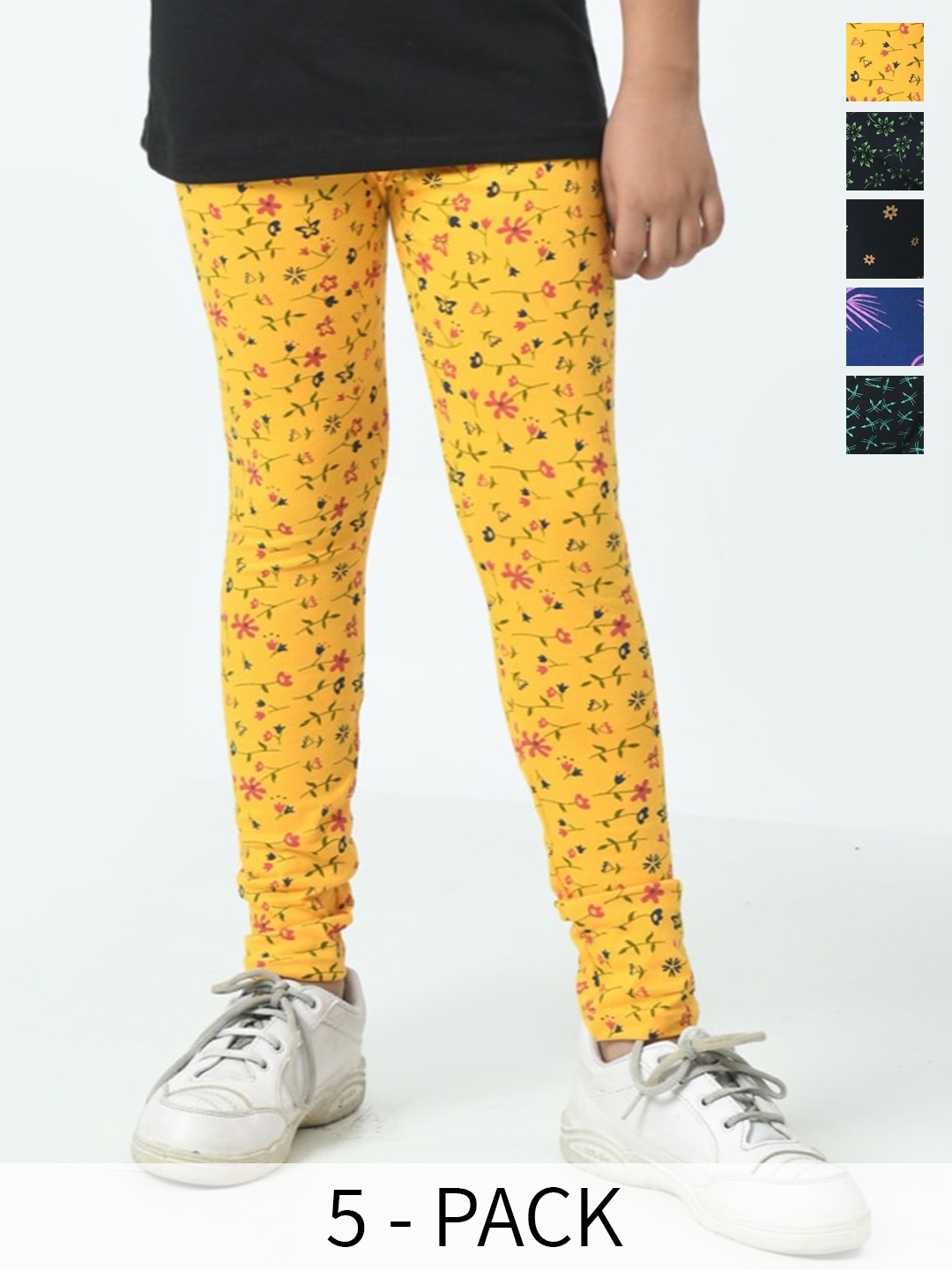 

BAESD Girls Pack Of 5 Printed Pure Cotton Ankle Length Leggings, Yellow